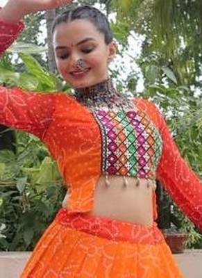 Orange Bandhani Free Size Stitched Navratri Lehenga Choli with Kutchi Gamthi Patche work 3