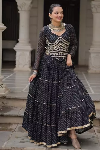 Black Laheriya Free Size Stitched Navratri Lehenga Choli with Gota Patti & Mirro Work