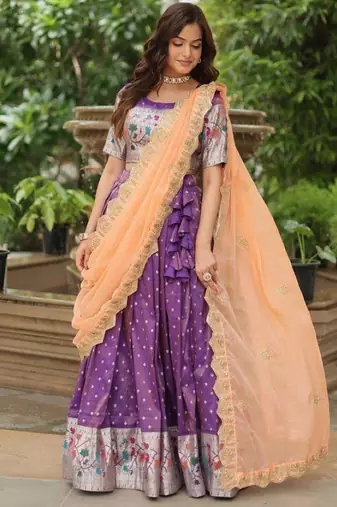 Violet Silk Semi Stitched Lehenga Choli with Meena Weaving Work