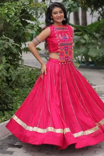 Red Cotton Free Size Stitched Navratri Lehenga Choli with Gota Patti & Mirro Work