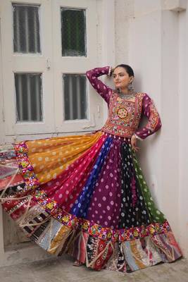 Multicolor Georgette Free Size Stitched Navratri Lehenga Choli with Kutchi Gamthi Work 2