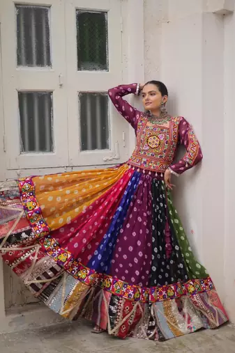 Multicolor Georgette Free Size Stitched Navratri Lehenga Choli with Kutchi Gamthi Work