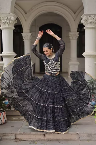 Black Laheriya Free Size Stitched Navratri Lehenga Choli with Gota Patti & Mirro Work