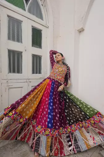 Multicolor Georgette Free Size Stitched Navratri Lehenga Choli with Kutchi Gamthi Work