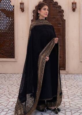 Black natural crepe silk suit set with embroidery & moti work 1