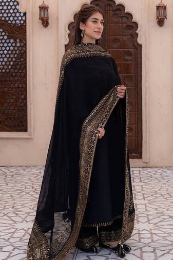 Black natural crepe silk suit set with embroidery & moti work