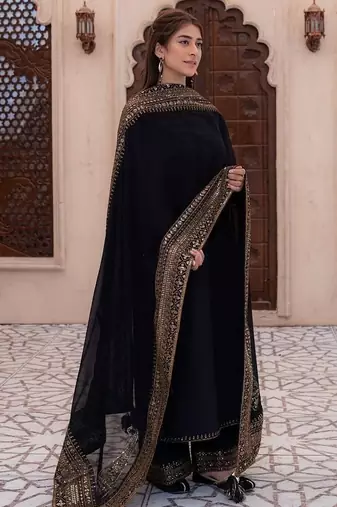 Black natural crepe silk suit set with embroidery & moti work