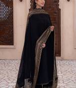 Black natural crepe silk suit set with embroidery & moti work