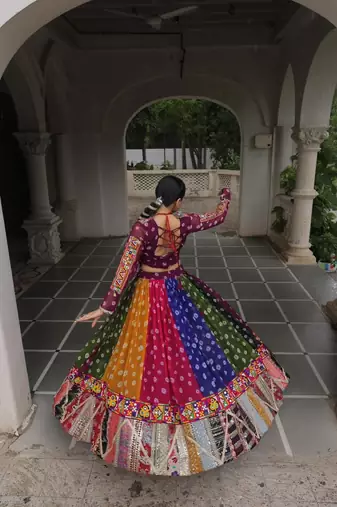 Multicolor Georgette Free Size Stitched Navratri Lehenga Choli with Kutchi Gamthi Work
