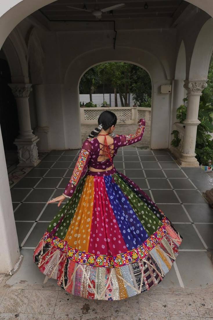 Multicolor Georgette Free Size Stitched Navratri Lehenga Choli with Kutchi Gamthi Work