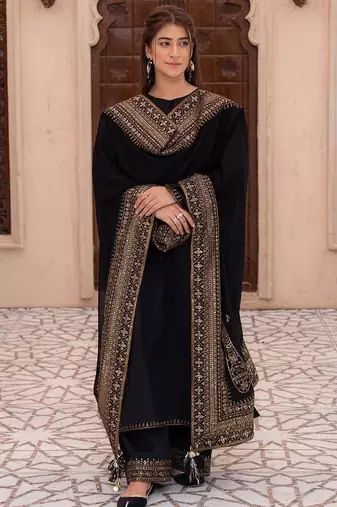 Black natural crepe silk suit set with embroidery & moti work