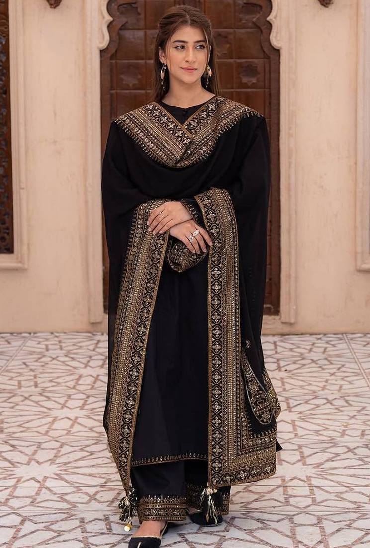 Black natural crepe silk suit set with embroidery & moti work