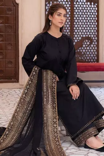 Black natural crepe silk suit set with embroidery & moti work