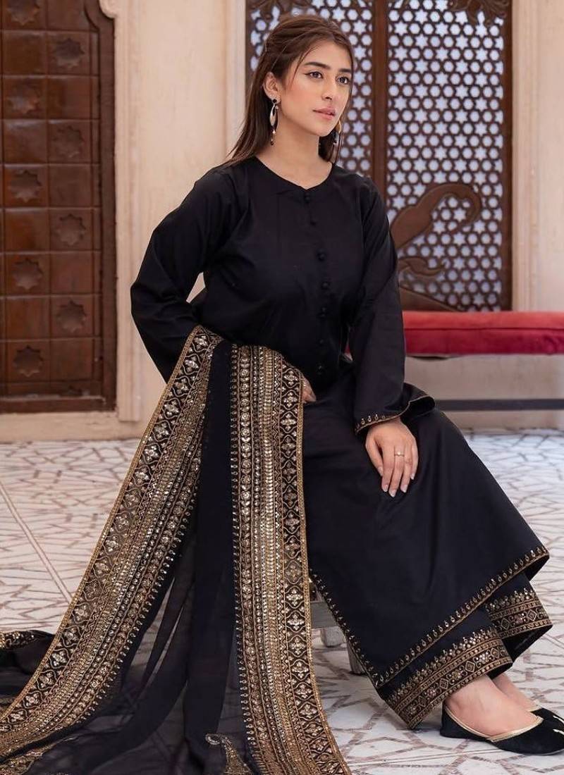 Black natural crepe silk suit set with embroidery & moti work