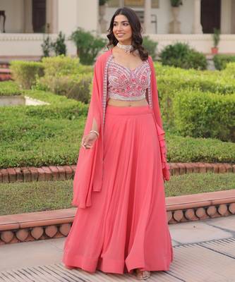 Peach Georgette Free Size Stitched Lehenga Choli with Embroidery & Beads Work 1