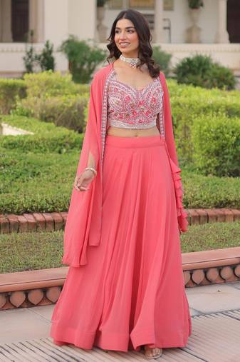 Peach Georgette Readymade Stitched Lehenga Choli with Embroidery & Beads Work