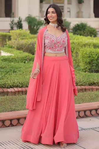 Peach Georgette Free Size Stitched Lehenga Choli with Embroidery & Beads Work