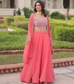 Peach Georgette Free Size Stitched Lehenga Choli with Embroidery & Beads Work