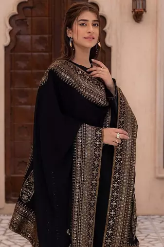 Black natural crepe silk suit set with embroidery & moti work