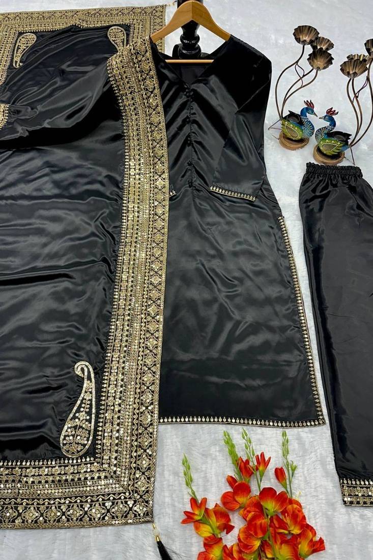 Black natural crepe silk suit set with embroidery & moti work