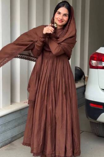 Brown roman silk designer gown set with heavy embroidery