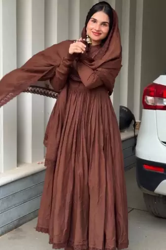 Brown roman silk designer gown set with heavy embroidery