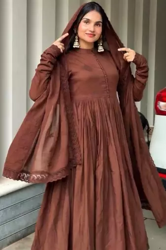 Brown roman silk designer gown set with heavy embroidery