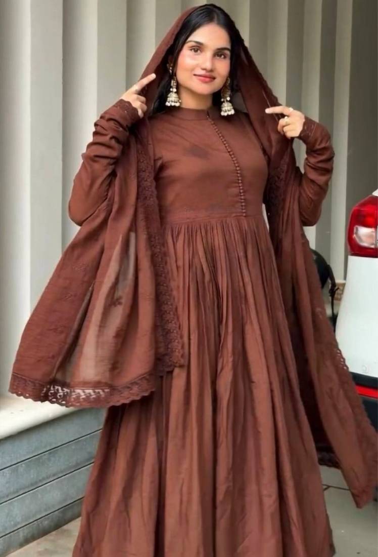 Brown roman silk designer gown set with heavy embroidery