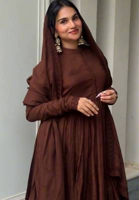 Brown roman silk designer gown set with heavy embroidery 3