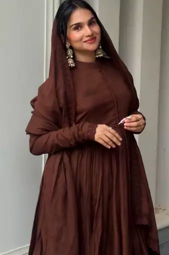 Brown roman silk designer gown set with heavy embroidery