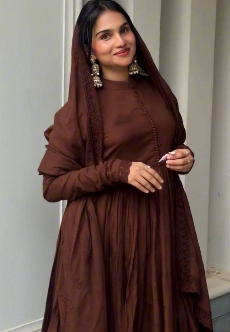 Brown roman silk designer gown set with heavy embroidery