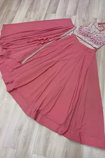 Peach Georgette Free Size Stitched Lehenga Choli with Embroidery & Beads Work