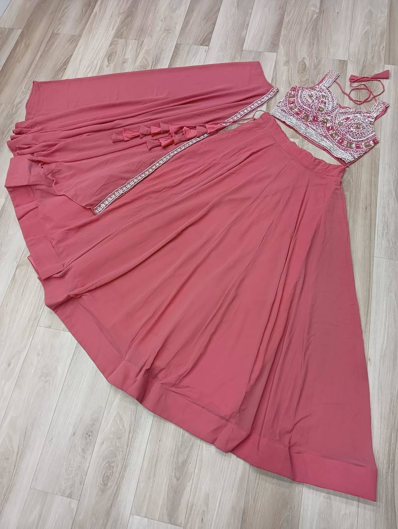 Peach Georgette Free Size Stitched Lehenga Choli with Embroidery & Beads Work