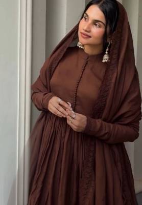 Brown roman silk designer gown set with heavy embroidery 4