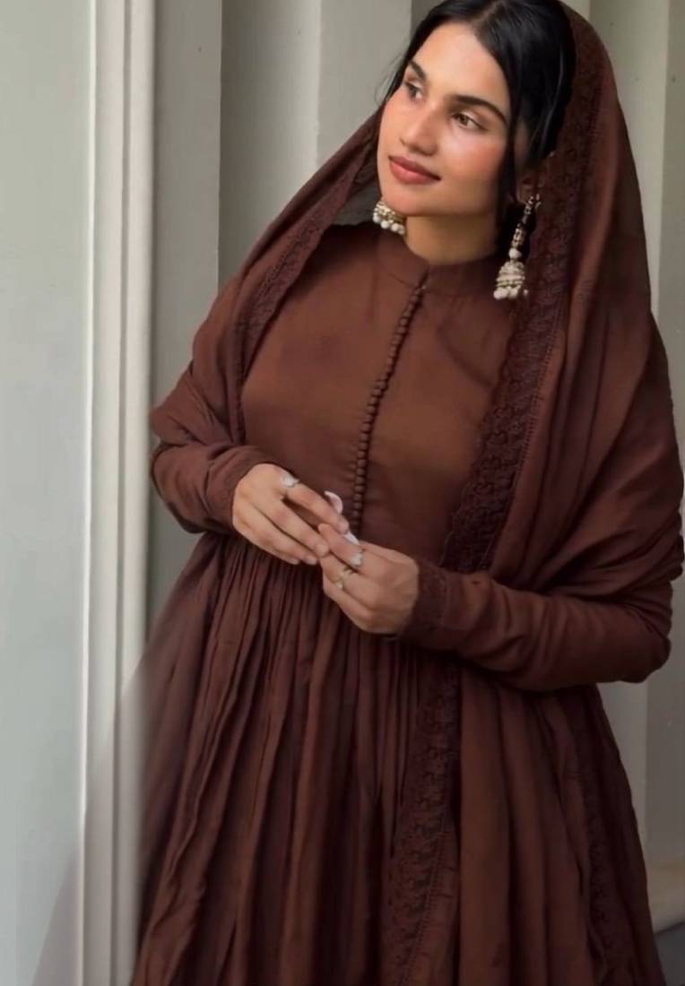 Brown roman silk designer gown set with heavy embroidery