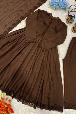 Brown roman silk designer gown set with heavy embroidery 5