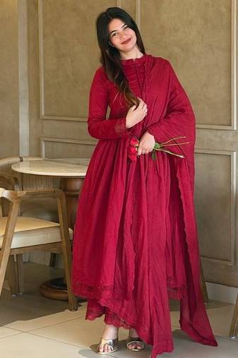 Red roman silk designer gown set with heavy embroidery