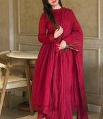 Red roman silk designer gown set with heavy embroidery