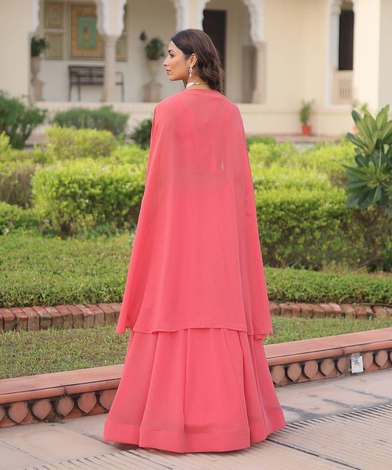 Peach Georgette Free Size Stitched Lehenga Choli with Embroidery & Beads Work