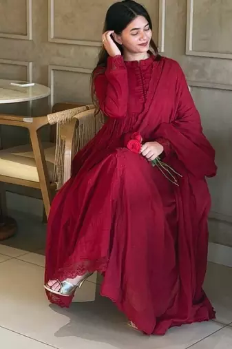Red roman silk designer gown set with heavy embroidery