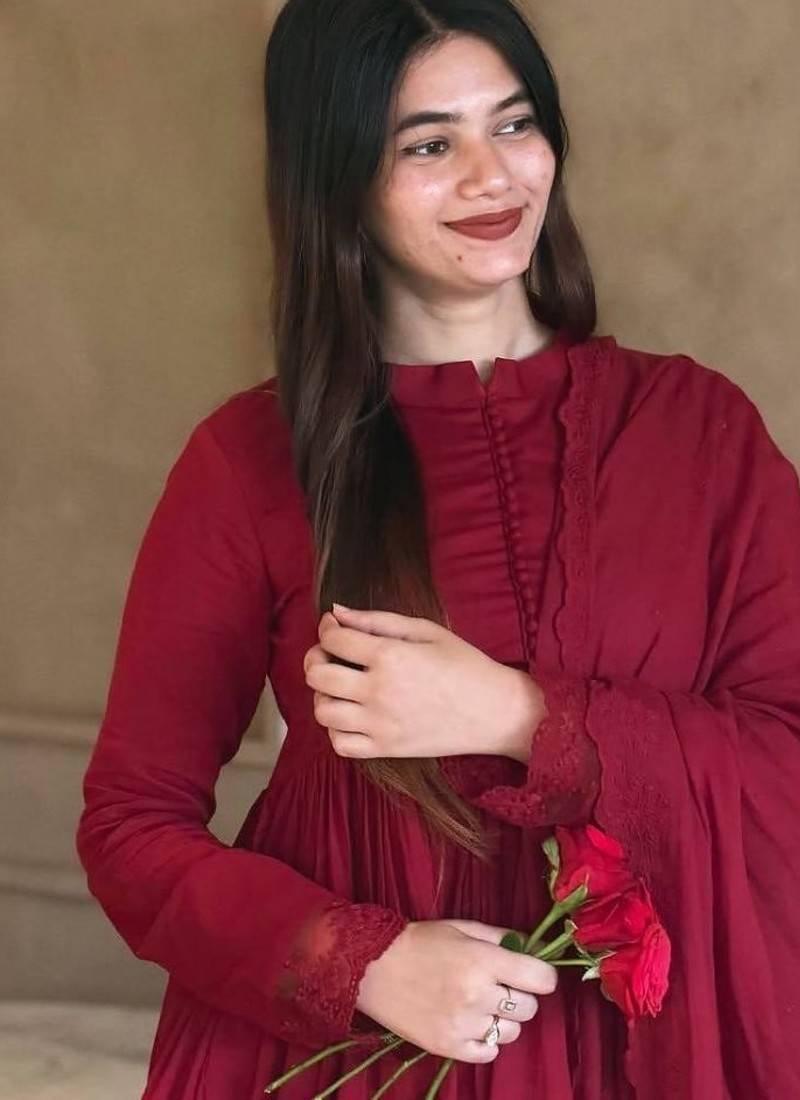 Red roman silk designer gown set with heavy embroidery