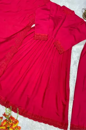 Red roman silk designer gown set with heavy embroidery