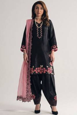 Black roman glass silk farshi suit with sequins & rivet moti 1
