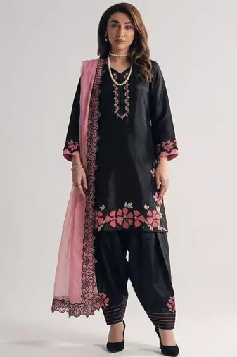 Black roman glass silk farshi suit with sequins & rivet moti