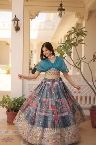 Blue Silk Free Size Stitched Lehenga Choli with Foil Embroidery & Printed Work