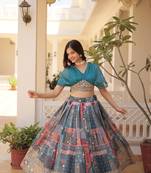 Blue Silk Free Size Stitched Lehenga Choli with Foil Embroidery & Printed Work