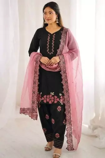 Black roman glass silk farshi suit with sequins & rivet moti