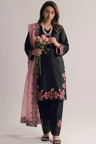 Black roman glass silk farshi suit with sequins & rivet moti