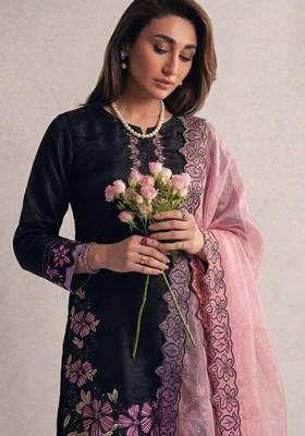 Black roman glass silk farshi suit with sequins & rivet moti 4