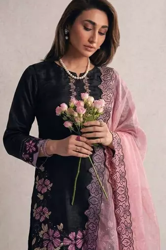 Black roman glass silk farshi suit with sequins & rivet moti